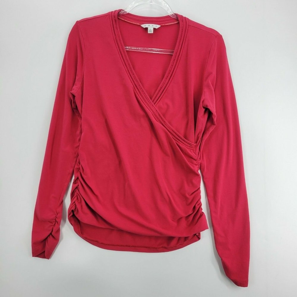 Cabi Shirt Womens Large L Long Sleeve Pink Magenta Stretch Deep V-Neck Wrap Fit